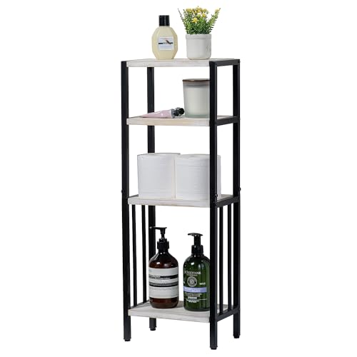 MyGift 4 Tier Shabby White Washed Solid Wood and Matte Black Metal Bathroom Floor Standing Shelf, Decorative Rectangular Bath Supplies Storage Shelving Stand