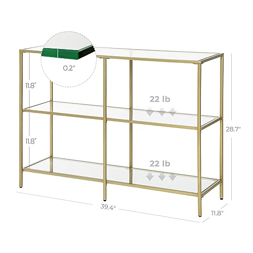 VASAGLE 39.4 Inch Console Table with 3 Shelves, Sofa Tables, Modern Entryway Table, Metal Frame, Tempered Glass Shelf, Entryway Living Room Bedroom, Metallic Gold and Transparent ULGT27G - color: Metallic Gold + Transparent, size: 39.4"W