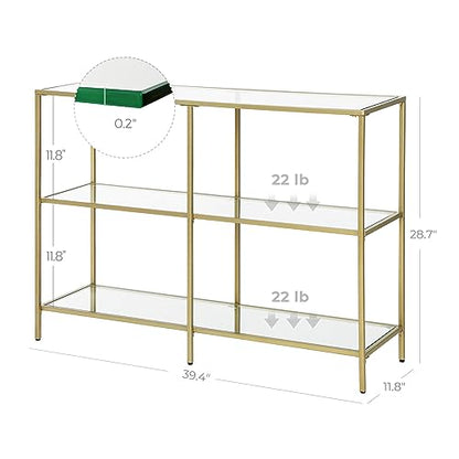 VASAGLE 39.4 Inch Console Table with 3 Shelves, Sofa Tables, Modern Entryway Table, Metal Frame, Tempered Glass Shelf, Entryway Living Room Bedroom, Metallic Gold and Transparent ULGT27G - color: Metallic Gold + Transparent, size: 39.4"W