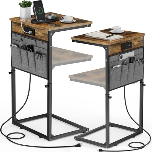 Vagusicc C-Shaped End Table Set of 2, Adjustable Height Side Table for Couch with Charging Station, Tall C Table Slide Under Sofa Table, TV Tray for Living Room, Bedroom, Bedside, Small Space, Brown - color: 2pc Rustic Brown