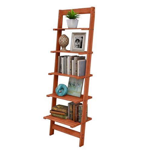 5-Tier Ladder Shelf - 50-Inch Narrow Leaning Bookshelf - Wooden Bookcase for Living Room, Bathroom, Kitchen, Office, or Bedroom Furniture by Lavish Home (Cherry) - color: Cherry