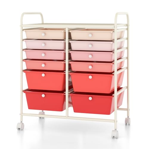 12 Drawer Rolling Cart with Drawers, Storage Cart with Lockable Wheel & Metal Frame, Multipurpose Mobile Trolley Utility Cart for Salon Makeup Kitchen Office Play Room (Gradient Pink) - color: Gradient Pink, size: 12 Drawers (4 Big +10 Small)
