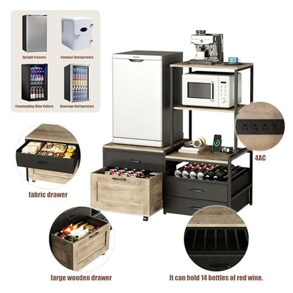Herture Mini Fridge Stand with Wine Rack, Kitchen Bakers Rack with Power Outlet, Microwave Oven Stand, Coffee Bar, Movable Drawers, for Dorm,Office, Grey HB04BXZ - color: Griege