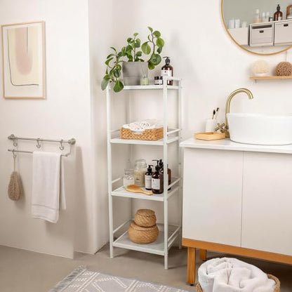 IDEALHOUSE 4 Tier Bathroom Shelves – Ladder Shelf Freestanding Rustic Home Organizer, Space-Saving Metal Storage Shelving Unit for Living Room, Bedroom, Kitchen, Office, Rustproof - color: 4 Tier White