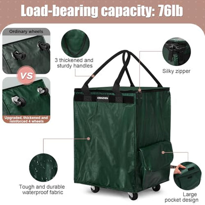 Reusable Grocery Bag Tote Bag with Wheels, Foldable Rolling Tote Bag with 3 Handles and Zipper - color: Green, size: Medium