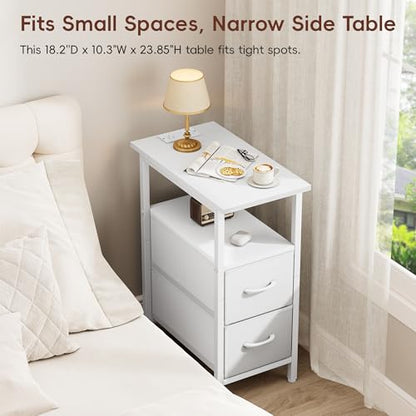 Vagusicc Set of 2 White Nightstand with Charging Station and LED Lights, Narrow Side Table, LED Night Stand with 2 Fabric Drawers, Bedside Table Small End Table, Tall Nightstand for Bedroom, White - color: White, size: 2, style: With LEDs