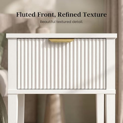 Modern Fluted Small Wood Nightstand, 11.8" Deep x 15.4" Narrow Bedside Table with Drawer & Open Shelf, Farmhouse Chic Accent Side Table for Bedroom & Sofa - White | Bright white tone, ribbed fluted front, 11.8-inch slim depth, concealed storage, clean fit