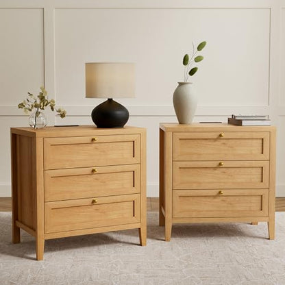 Large Nightstand Set of 2 with 3 Drawers, Farmhouse Bedside End Table with Charging Station, Modern Wood Night Stand for Sofa, Bedroom, Natural Oak - color: Natural Oak, size: 2 PCS (3 Drawers)
