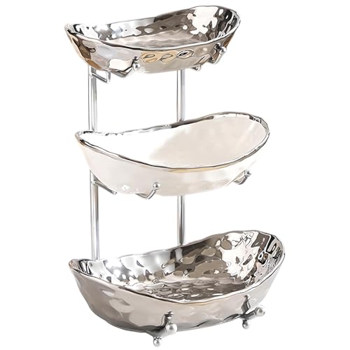 YYW 3 Tier Fruit Bowl for Kitchen Counter, White Gold Silver Ceramic Fruit Stand for Countertop, Home Fruit Rack with Metal Holder, Vegetable Snacks Nuts Bread Candy Storage (Silver) - color: Silver