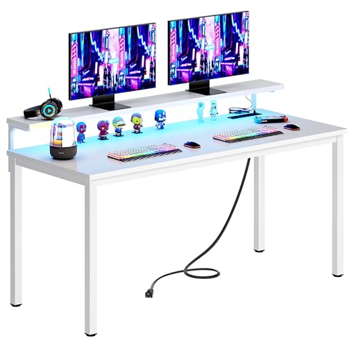 Need 60 inch Computer Desk with LED Lights & Power Outlets, Large Home Desk with Monitor Shelf, Writing Table Gaming Desk Home Office Desk, White - color: White, size: 60 inches