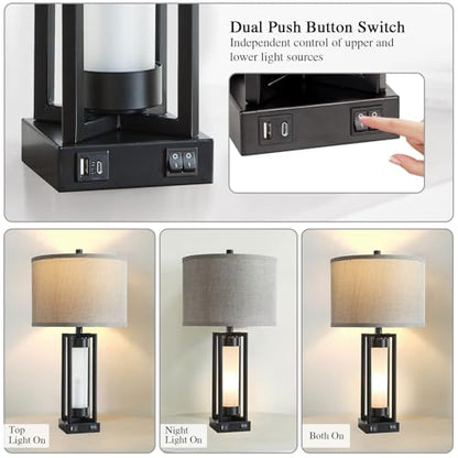 Set of 2 Modern Table Lamps for Living Room with USB C+A Ports | Rustic Nightstand Lamp with White Night Light, Retro Desk Lamp for Bedroom End Table Entryway, 4 Bulb Included (Black) - color: Black