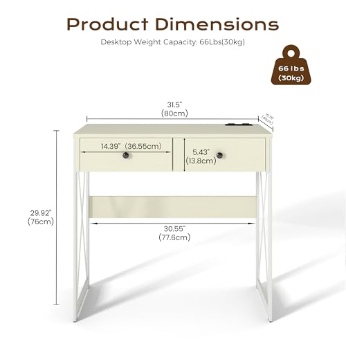 Manora Compact Computer Desk with Power Outlets, 2 Drawers, and Metal Frame, 31.5" Small Desk for Home Office, Study, or Makeup Area, White