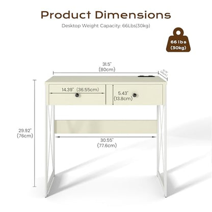 Manora Compact Computer Desk with Power Outlets, 2 Drawers, and Metal Frame, 31.5" Small Desk for Home Office, Study, or Makeup Area, White