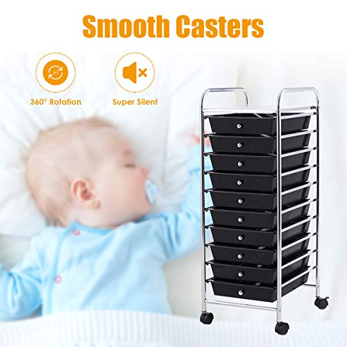 BETTARY Office Rolling Storage Cart with 10 Drawer, Scrapbook Paper Office School Organizer with Lockable Casters, Multipurpose Mobile Storage Cart for Supermarket, School, Office, Home (Black)