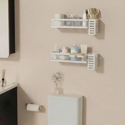PUSDON 5-in-1 Wide Wall Mount Wrapped Mesh Kitchen Organizer & Shower Caddy Kit, with Paper Towel Holder, Utensil Holder, Soap Dish, Heavy Duty 50LBS - White, Netting - color: White, size: 5-in-1 Full Mesh (12.6" Wide)