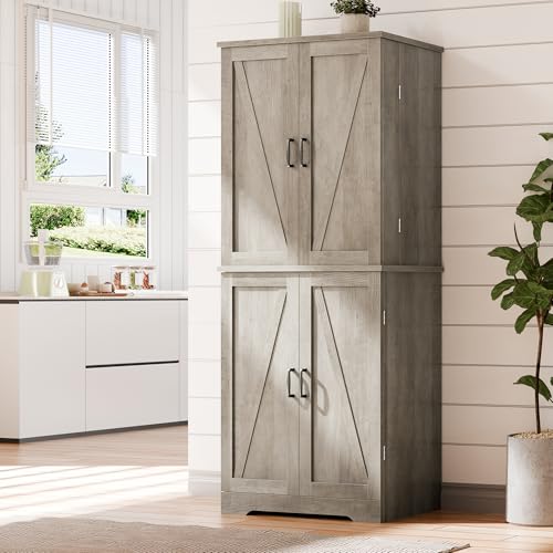 Vongrasig Kitchen Pantry Storage Cabinet with Barn Doors, Drawer and Adjustable Shelves, 6-Tier Tall Rustic Wood Cupboard Locker for Kitchen, Dining Room, Living Room, Bathroom, Rustic Grey - color: Rustic Grey