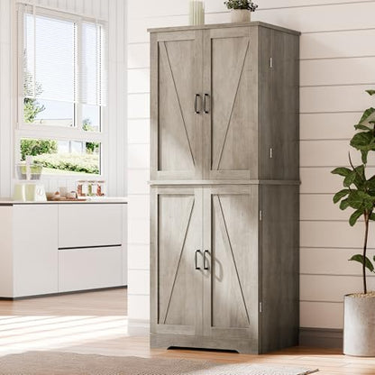 Vongrasig Kitchen Pantry Storage Cabinet with Barn Doors, Drawer and Adjustable Shelves, 6-Tier Tall Rustic Wood Cupboard Locker for Kitchen, Dining Room, Living Room, Bathroom, Rustic Grey - color: Rustic Grey