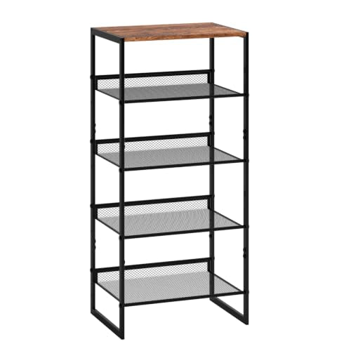 5 Tier Metal Shoe Rack, Sturdy Steel Frame with Rust-Proof Coating, MDF Top, Adjustable Flat Inclined Mesh Shelves, Anti-Tip Scratch-Resistant Feet, Sleek Show Rack for Entryway, Hallway, Garage - size: 5 Tier (16.5″x11.8″x36″)
