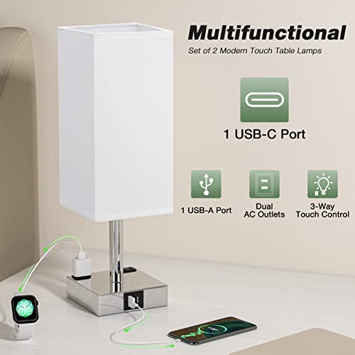 Touch Table Lamps Set of 2 for Bedroom - Dimmable, USB C+A, 2 AC Outlets | 3-Way Dimming, 3000K LED Bulbs Included, Square White Lampshade Silver Base, Small Bedside Lamp for Nightstand, Desk, Dorm - color: White-Silver