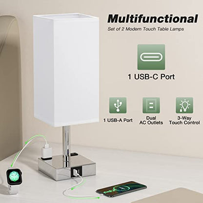 Touch Table Lamps Set of 2 for Bedroom - Dimmable, USB C+A, 2 AC Outlets | 3-Way Dimming, 3000K LED Bulbs Included, Square White Lampshade Silver Base, Small Bedside Lamp for Nightstand, Desk, Dorm - color: White-Silver