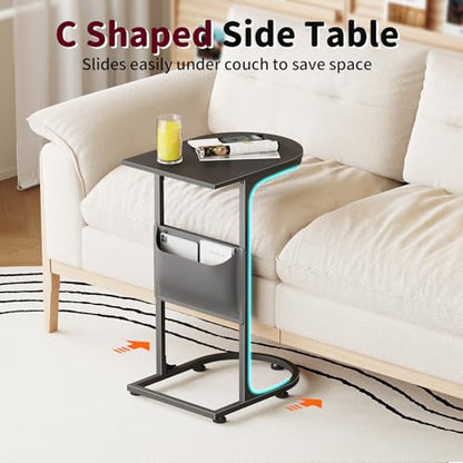 C Shaped End Table, Slide Under Small Side Table for Couch & Small Spaces | Wobble-Free C Table For Sofa, Black, Storage Bag, Sturdy Metal Frame, Wood Top, Living Room & Bedroom, 15-Min Quick Assembly - color: Classic Black