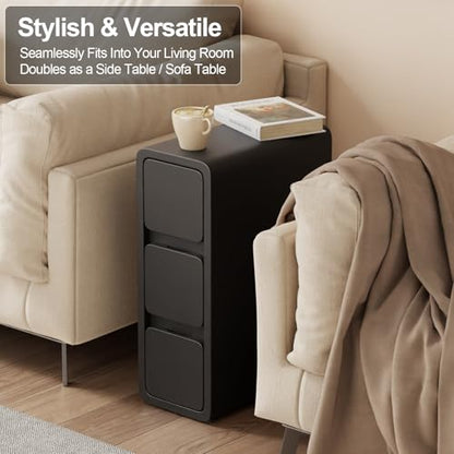 AQIMUELE Narrow Bedside Table,Narrow Night Stand with Drawers,Small Night Stand with Leather Surface for Bedroom - color: Black (3 Drawers), size: 7.9"W