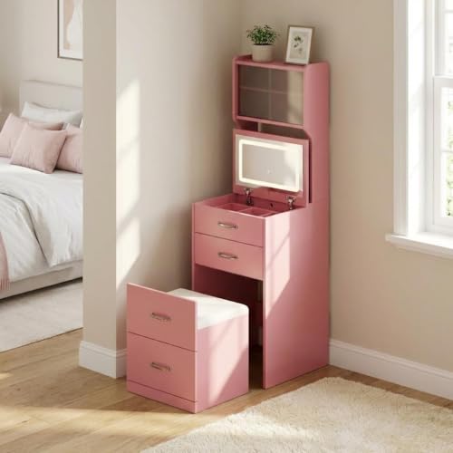 Garvee 3 in 1 Vanity Desk with 3 Color LED, Compact Makeup Vanity Set with 2 AC Outlets & USB, Dressing Table with Drawers & Acrylic Doors, Nightstand Vanity Mirror, Jewelry Box, Hidden Chair, Pink - color: Pink
