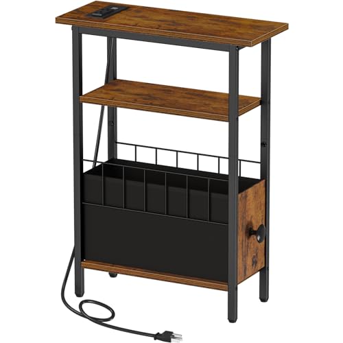 Snughome Narrow Side Table with Charging Station, Slim End Table for Small Spaces, 3 Tier Skinny Nightstand with Drawer, Sofa Beside Table with Storage Shelf for Living Room Bedroom - color: Rustic Brown