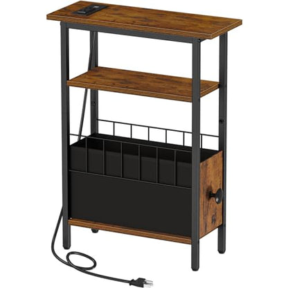Snughome Narrow Side Table with Charging Station, Slim End Table for Small Spaces, 3 Tier Skinny Nightstand with Drawer, Sofa Beside Table with Storage Shelf for Living Room Bedroom - color: Rustic Brown