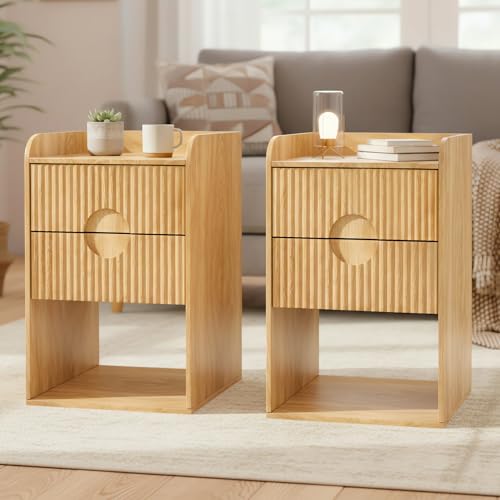Fluted Nightstand Set of 2, Small Bedside Table, Wood Side Table with Storage, Boho Mid Century Modern Night Stand, 2 Drawer End Table for Bedroom, Natural, Vintage