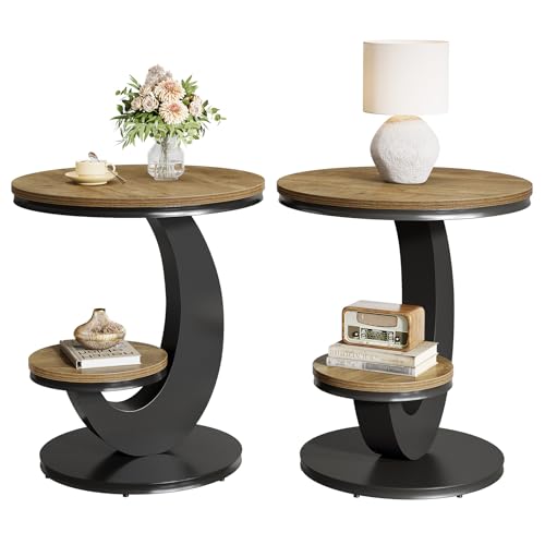 Tribesigns Round End Table, 2 Tiers Side Table with Storage Shelf, Sofa Side Bedside Nightstand with Wood Metal C-Shaped Frame for Small Spaces, Living Room, Easy to Assemble, Light Brown (2PCS) - color: Light Brown