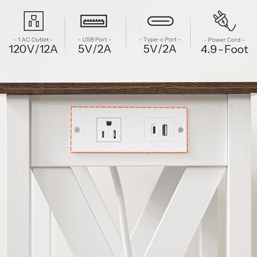HOOBRO End Table with Charging Station, Farmhouse Narrow Side Table, 2-Tier with Storage Shelves, Slim Nightstand for Small Spaces, Living Room, Bedroom, White and Walnut WH360UBZ01