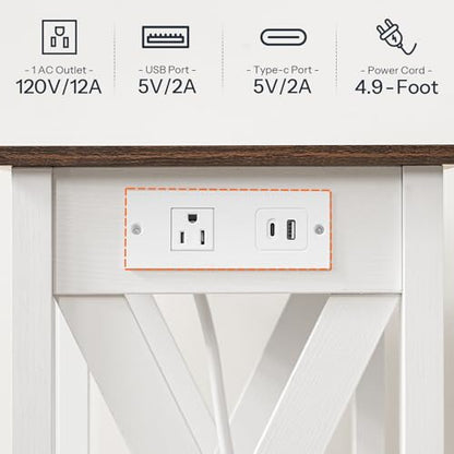 HOOBRO End Table with Charging Station, Farmhouse Narrow Side Table, 2-Tier with Storage Shelves, Slim Nightstand for Small Spaces, Living Room, Bedroom, White and Walnut WH360UBZ01