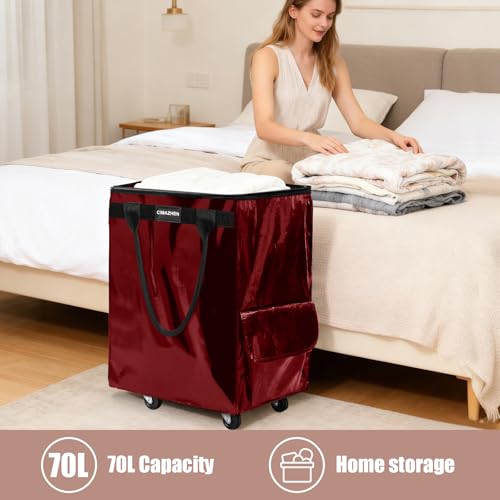 Reusable Grocery Bag Tote Bag with Wheels, Foldable Rolling Tote Bag with 3 Handles and Zipper - color: Red, size: Medium