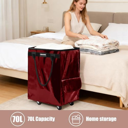 Reusable Grocery Bag Tote Bag with Wheels, Foldable Rolling Tote Bag with 3 Handles and Zipper - color: Red, size: Medium