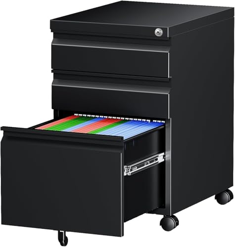 Letaya 3 Drawer Mobile File Cabinet with Lock, Under Desk Metal Rolling Filing Cabinets for Home Office Organizer Letters/Legal/A4 (Black- Requires Installation) (Black) - color: Black, size: Requires assembly 24.40"H