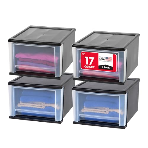 IRIS USA 17 Qt. Medium Plastic Stacking Drawer, Stackable Storage Organizer Unit with Sliding Drawer for Bedroom Kitchen Under Sink Pantry Craft Room Dorm Office, Black, 4-Pack - size: 17 Qt - 4 Pack