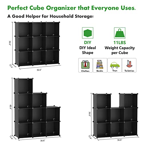 C&AHOME Cube Storage Organizer, 9-Cube Bookcase, Closet Cabinet Black | DIY Stackable Bookshelf, Plastic Modular Shelving Units Ideal for Home, Office, Kids Room, 36.6" L x 12.4" W x 48.4" H - color: Black