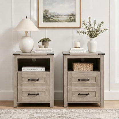 Farmhouse Night Stand Set of 2, Rustic Sierra Nightstand for Bedroom, End Tables with Charging Station, Bedside Table with Drawers, Wood Bedside Cabinet Dresser - color: Sierra, size: 2pcs with Charging