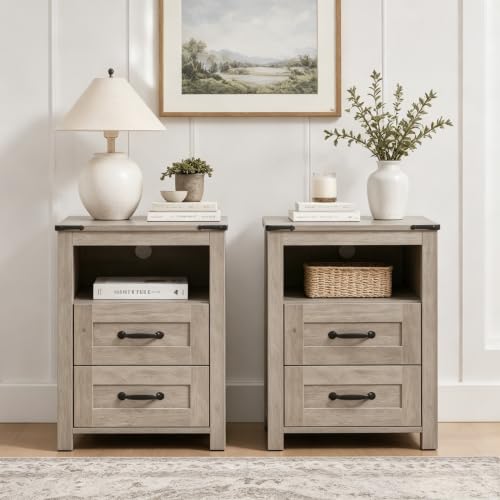 Farmhouse Night Stand Set of 2, Rustic Sierra Nightstand for Bedroom, End Tables with Charging Station, Bedside Table with Drawers, Wood Bedside Cabinet Dresser - color: Sierra, size: 2pcs with Charging