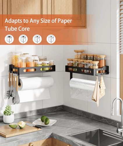 Paper Towel Holder Wall Mount for Kitchen, One-Handed Tear, Bathroom Paper Towel Holder with Shelf, RV Paper Towel Rack Wall Mount Paper Roll Holder with 4 Hooks, Matte Black - color: Matte Black