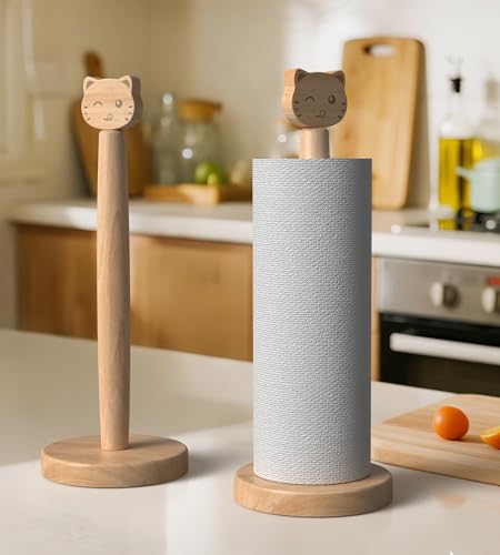 KitchLife Cute Wooden Paper Towel Holder Countertop - Solid Freestanding Paper Towel Dispenser Stand Organizer with Anti-Skid Base (Cat) - style: Cat