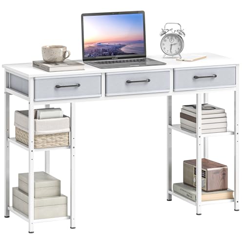 HOMCOM 47" Computer Desk with 3 Fabric Drawers, Home Office Desk with Adjustable Shelves, Small Writing Desk with Storage, White