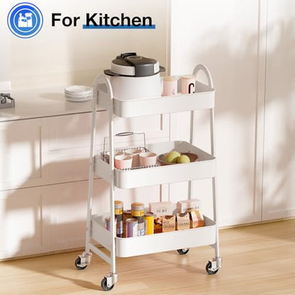 DUMOS 3 Tiers Metal Rolling Utility Cart with Lockable Wheels, Mobile Storage Organizer, Utility Shelving Unit for Kitchen, Office, Bathroom, Laundry, Narrow Places, White - color: 3 Tiers White