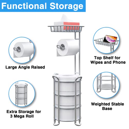 Toilet Paper Holder Stand with Shelf for Phone, Free Standing Tissue Roll Storage and Dispenser Rack for 4 Mega Rolls, Silver Gray - color: Silver Gray