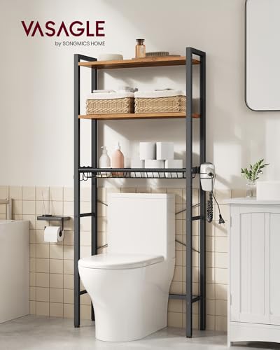 VASAGLE BARNET Collection - Over the Toilet Storage, Over Toilet Bathroom Organizer with Adjustable Shelves and Basket, 3 Hooks, Space Saving, 9.4 x 23.6 x 63 Inches, Rustic Brown UBTS113KD01S - color: Rustic Brown, style: 3 Tiers (63" H)