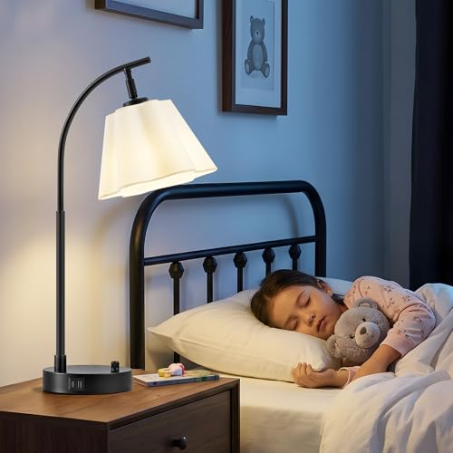 GyroVu Table Lamp Set of 2, Bedside Table Lamp with USB C+A Ports, Stepless Dimmable Nightstand Lamp, Small Cute Bedroom Lamps, Flower Lamp for Bedroom, Living Room, Home Office(Bulbs Included, Black) - color: white shade & black base