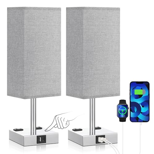 Light Grey Touch Lamps Set for Bedroom - Dimmable, USB C+A, 2 AC Outlets | 3-Way Dimming, 3000K LED Bulbs Included, Light Grey Lampshade Silver Base, Small Bedside Lamp for Nightstand, Desk, Dorm - color: Gray-Silver