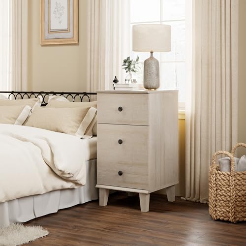 Modern Nightstand with Charging Station Set of 2 Drawer and Storage Cabinet End Table with Wood Leg for Bedroom Natural Wood Grain Beige - color: Beige Oak
