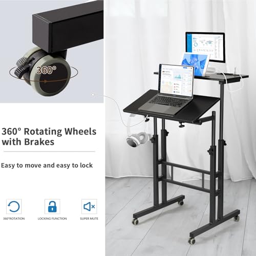 Hadulcet Mobile Standing Desk with Charging Station, Adjustable Standing Computer Desk, Standing Adjustable Laptop Cart with Wheels for Home Office Classroom Black - color: Black, size: 23.6" With Charging Station